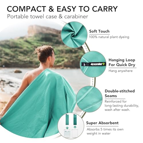 Image of 4Monster Quick Dry Travel Towel with Case & Carabiner - Super Absorbent Microfiber Gym & Camping Towel. Compact, Lightweight, Fast Drying for Beach, Swimming, Hiking, Backpacking