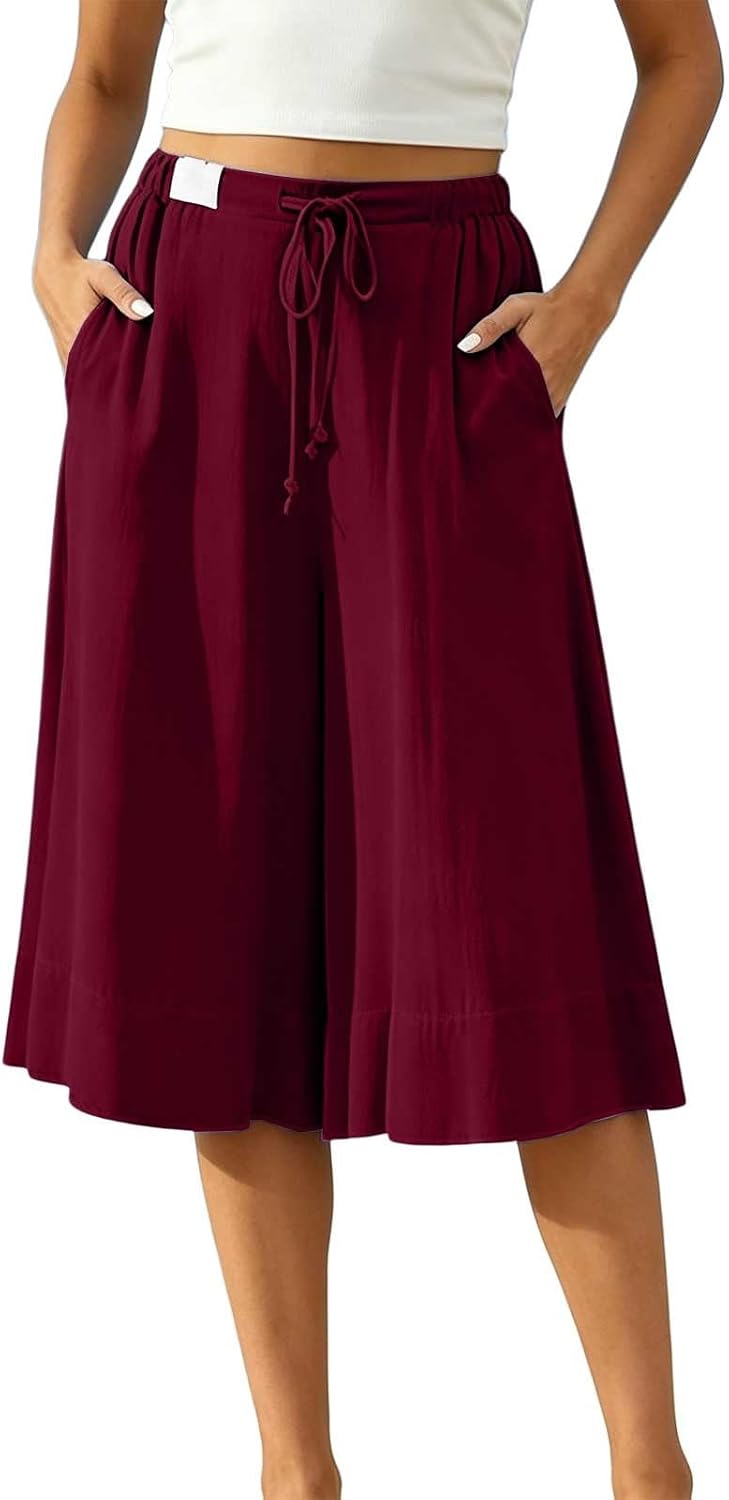 High Waist Pleated Flowy Linen Palazzo Culottes, Loose Wide Leg Pocketed Capri Pants for Women Summer Wear