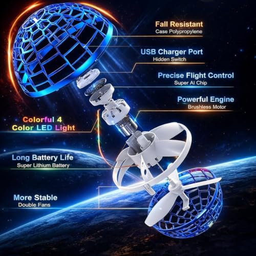 Image of Flying Orb Ball Toy, Multi Color | RGB LED Lights, Hand Controlled Boomerang Spinner , USB Rechargeable, For Kids & Adults, Indoor Outdoor