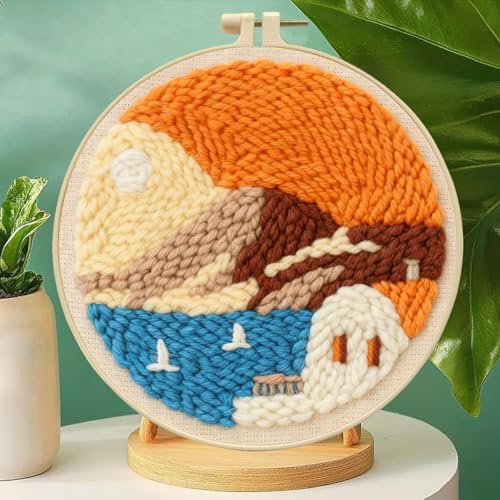 Image of Zhenqing Sunset Seascape Punch Needle Kit for Beginners - 29x29cm Embroidery with 20cm Hoop, Coarse Cotton Thread & Tools, Coastal Landscape Design(Z95113C)