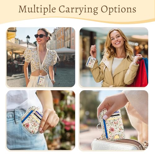 Image of Kelvoris Flower Credit Card Holder Small Wallet Women, Slim RFID Keychain | Zipper Coin Pocket, PU Leather Front Pocket, Thin Travel Card Case, Compact, 6 Card Slot, 1 ID Window, Ladies Gifts for Woman