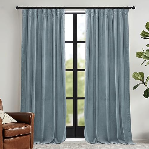 Image of RYB HOME Stone Blue Velvet Curtains 63 inches Length with Hook Belt | Soft Fabric, Room Darkening, Thermal Insulated, Luxurious Home Decor, Drapes for Living Room Bedroom, W42 x L63, 2 Panels