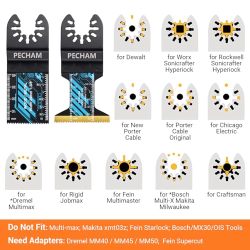Image of Oscillating Saw Blades, PECHAM 45PCS Professional Universal Titanium Multitool Blades for Wood Plastics Metal Quick Release Multi Tool Kits Fit Rockwell Ridgid Ryobi Milwaukee Chicago Craftsman