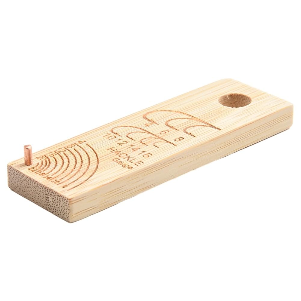 Calibro per pesca a mosca, strumento di misurazione per ami di dimensioni 4-16 e hackle misure 4-22, accessorio da pesca in legno con design girevole, 76 x 25 mm
