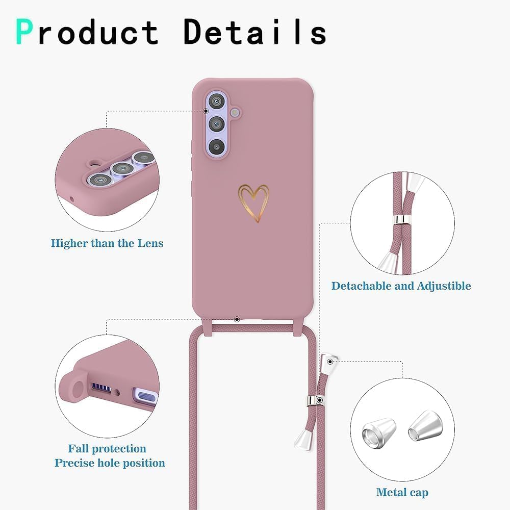 CaseLover Etui na telefon z łańcuszkiem na Samsung Galaxy A26 5G, silikonowe etui z wzorem w kształcie serca, z odpinanym sznurkiem do noszenia na szyi, wstrząsochronne, ochronne etui na telefon do