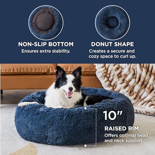 Image of Bedsure Calming Dog Bed for Large Dogs - Donut Washable Large Pet Bed, 36 inches Anti Anxiety Round Fluffy Plush Faux Fur Dog Bed, Fits up to 80 lbs Pets, Navy