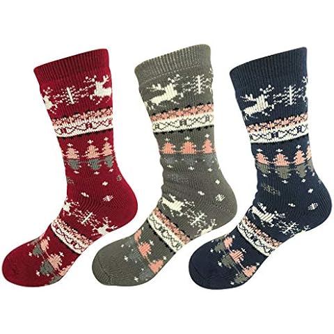 NY GOLDEN FASHION 3 Pairs Women Thermal Socks Insulated Heavy Duty Thick Fur Lined Winter Crew Socks Cozy (3 Pairs (Wine Red/Grey/Navy) Reindeer) Cover