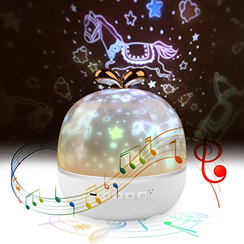 LED Sternenhimmel Projektor Lampe, mixigoo Kinder LED Musik Nachtlicht mit 6 Projektionsfilmen 360 u00b0 Drehbar Aufladbar Baby Sterne Lampe Stimmungslicht für Geburtstag Party Zimmer Weihnachten Hochzeit