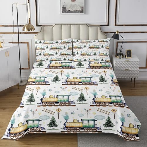 Erosebridal Watercolor Green Train Twin Bedspread Set Kids Cartoon Railway Quilts for Boys Toddler Gift, Cute Clouds Stars Transportation Theme Coverlet Set with 1 Pillow Case