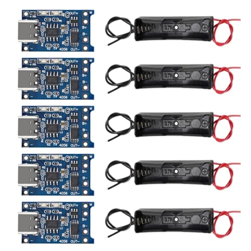 AEDIKO 5pcs 18650 Battery Holder with Wire 3.7V Single Slot + 5pcs Type C USB 5V 1A 1A 18650 Lithium Battery Charger Module Charging Board with Dual Protection Functions