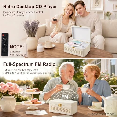 Image of Gueray CD Player Portable Bluetooth: Retro CD Players with Speakers Vintage CD-Player 3600mAh Rechargeable & Radio & Remote Control Support USB /AUX Playback Headphone Jack (White)