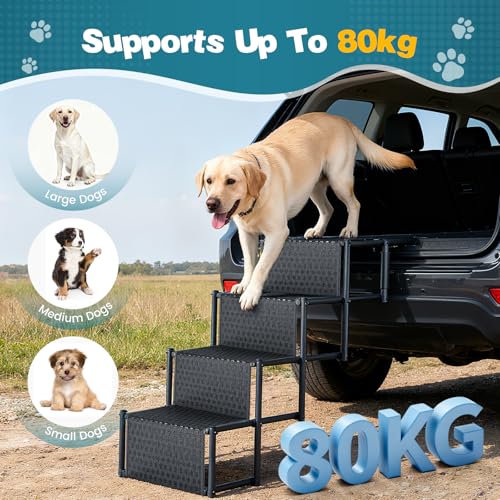 Hundetreppe für Große Hunde, 4 Stufen, mit Rutschfester Oberfläche und Karabinerhaken, Wasserabweisende PVC, Hundetreppe Auto für Kleine Hunde, Hunderampe Auto Klappbar (Unterstützt Bis Zu 80 kg)