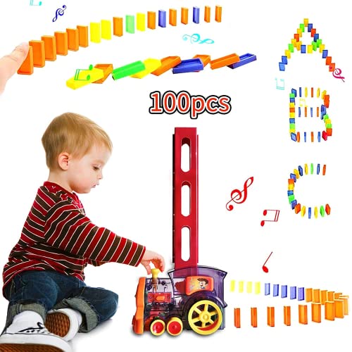 B-Qtech 100Pcs Domino Train, Building Blocks Toys for Kids Ages 3-12, Domino Rally Electric Train Set with Family, Automatic Domino Train Set Kids Toy with Light and Sound Construction