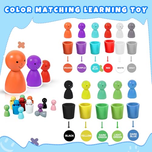 Image of 12PCS Color Sorting Dolls with Wooden Bowls - Matching Games for Toddlers Kids Boys Ages 3-6 - Sensory Training, Math Learning & Montessori STEM Activities