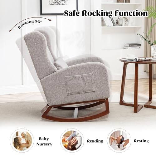 Image of HCHAIRH Rocking Chair Nursery with Foot Rest, Wingback Nursery Rocking Chairs, Grey Teddy Nursing Glider Rocker Chair with Pillow and High Back for Nursery, Living Room, Bedroom