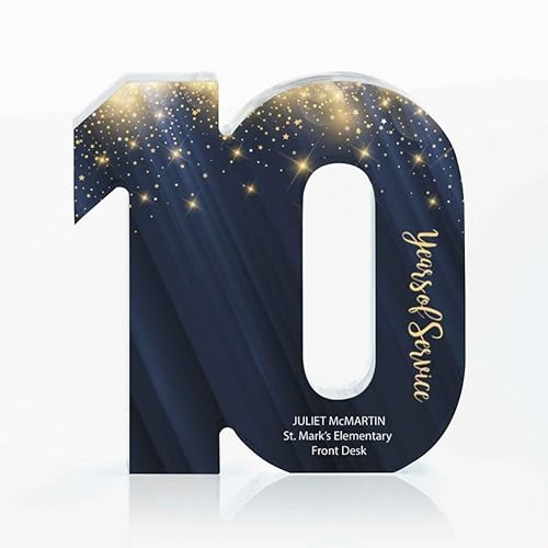 Baudville Trofeo acrílico a todo color - Premio de servicio a empleados de 10 años - Azul - Premio para empleados - Impresión personalizada de hasta