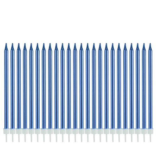 Happy Birthday Lot de 24 bougies métalliques bleues pour gâteau d'anniversaire avec supports -...