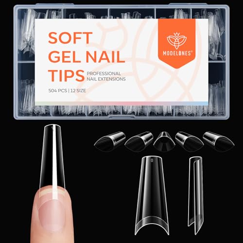 Image of modelones Long Coffin French Nail Tips, 504 PCS No C Curve Pre-shaped Clear Acrylic Fake Nails Tips Gel Half Cover 12 Sizes with Box