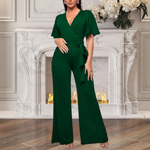 Image of PaladMom Womens Elegant Plus Size Jumpsuits Sexy Back zipper Short Sleeve Mid Waist Wide Leg Straight Rompers