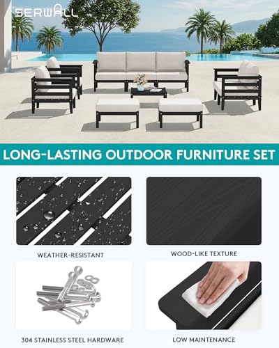 Image of SERWALL HDPE Outdoor Furniture Set, 10 Pieces Patio Sectional Sofa Set | All-Weather Wood-Like Outdoor Sofa Couch with Coffee Table, Modular Design for Flexible Combination