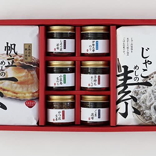 香川 宝食品 釜めしの素&小豆島佃煮セット 帆立めしの素230g、じゃこめしの素230g、伊勢志摩のり60g、小豆島生のり60g、しその実若布40g、ごま昆布40g、子持ち木くらげ30g、かつお生姜35g