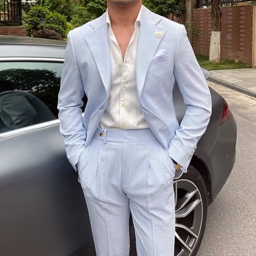 Men's Striped Seersucker Suits 2 Pieces Prom Tuxedos Regular Fit Suit Leisure Summer Blazer Pants for Beach Wedding2