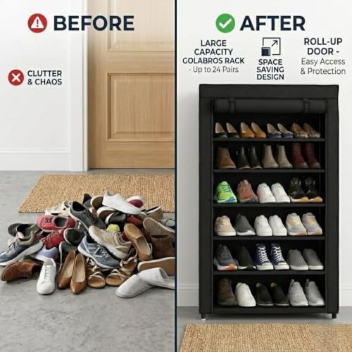 Image of EASY BUY Economy 6 Shelf Black Shoe Rack with Cover, Plastic Rack 6 Shelves with Zip Door Cover & Side Pocket | Dustproof Storage Organizer for Footwear, Clothes, Toy, Shoe Rack Plastic, Slipper Stand