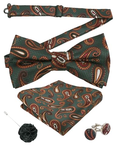 Image of Alizeal Mens 4pcs Vintage Paisley Bow Tie Set | Pre-tied Pocket Square Cufflinks Boutonniere for Wedding Everyday Use