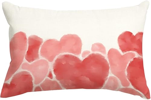 RABUSOFA Fundas de almohada de San Valentín de 12 x 20 pulgadas, almohadas de corazón rojo y rosa acuarela, almohada decorativa blanca, aniversario,