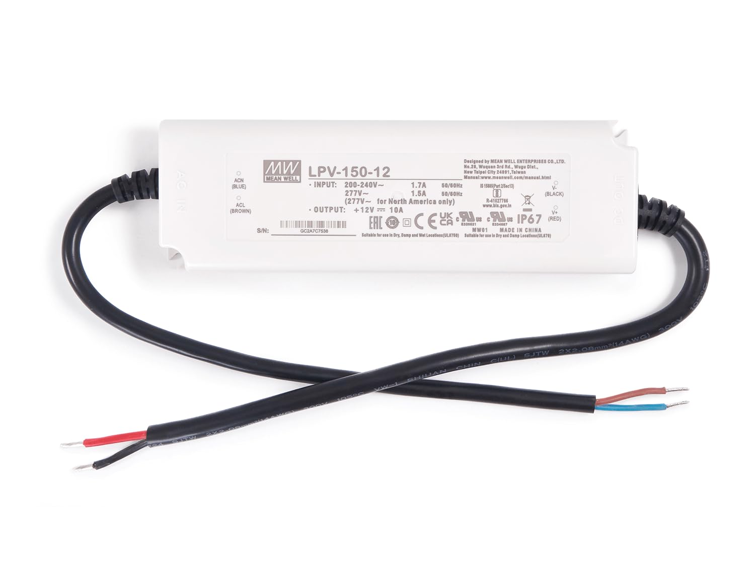 Netzgerät LED Mean Well - Hutschienen Netzteil mit 12V, 150Watt, 10A, LPV-150-12 - Schutzart IP67 - Hutschienen Netzteil LED-Rail - Überspannungsschutz - Passivkühlung - 38x63x194mm