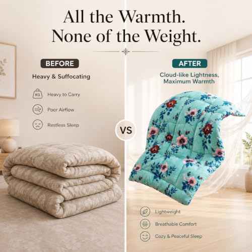 Image of SANMARINO Luxury Flannel Quilted Comforter for Double Bed | Ultra Soft Plush Razai with Modern Floral Design | Fuffly, Cozy All Season Blanket for Mild & Heavy Winter |220x230 cm,Aqua Blue & Teal