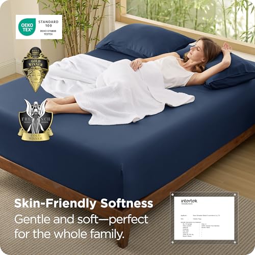 Image of Bedsure PureWoven Full Size Fitted Sheet, 100% Rayon Derived from Bamboo | Cooling Bottom Sheet for Hot Sleepers, Breathable & Soft, Deep Pocket Up to 18 inch, Secure Elastic Corner Straps, Navy