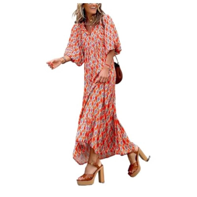 Womens 2024 Casual Boho Maxi Dresses V Neck 3/4 Puff Sleeve Geometric Pattern Smocked Ruffle Beach Long Sundress