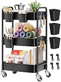 3 Tier Rolling Cart Metal with Wheels, Black Three Tiered Art Cart Organizer on Wheels, Storage Utility Trolley Carts for Kithcen, Craft, Nail, Lash, Makeup, Salon,Bedside, Bathroom, Office, Snack