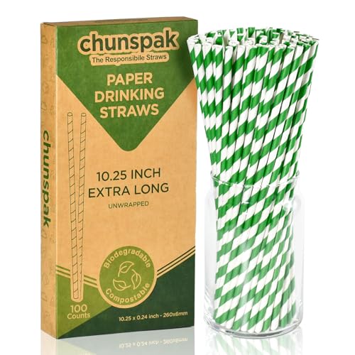 Pajitas de papel desechables extralargas de 26 x 0,6 cm, a rayas, color verde y blanco, 100 unidades, para fiestas, bodas, cumpleaños, 100% biodegradables