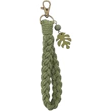 Boho Keychain Wristlet Handmade Macrame Palm Leaf Charm Keyring Bracelet Keychain Holder for Women Men