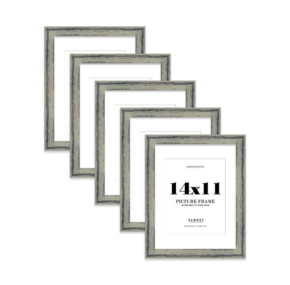 14x11" Distressed Green Picture Frame with 10x8" Mount - Weathered Photo Frame with Distressed Finish, Wall Hooks and Kickstand, 32mm Edge - 5 Pack