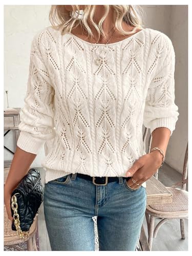 Image of SOLY HUX Women's Off The Shoulder Sweater Hollow Out Knit Boat Neck Long Sleeve Pullover Fall Tops Pure Beige Small