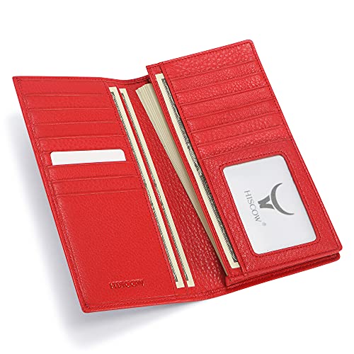 Image of HISCOW Full Grain Leather Men's Long Wallet, 15 Card Slots, Pebbled Red, 6.97 inchH x 3.5 inchW x 0.98 inchD, Classic | Gusseted bill compartment, tall bifold design, clear ID window, ideal for coat pockets or briefcases, turned-edge, gift box