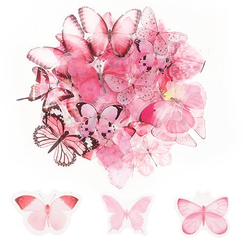 Juego de 40 calcomanías de mariposas pequeñas, transparentes, impermeables, color rosa, vintage, para álbumes de recortes, diario, suministros para planificador, manualidades, proyectos de papelería