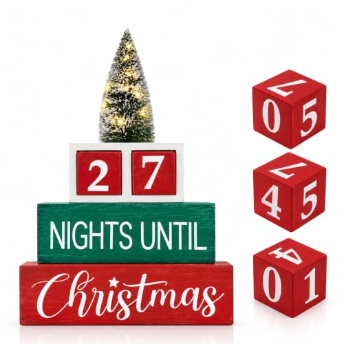 Christmas Countdown Blocks LED Lighted Christmas Tree Advent Calendar with Timer 99 Days Until Christmas Countdown Calendar Wooden Farmhouse Rustic Sign Xmas Party Holiday Decorations for Home