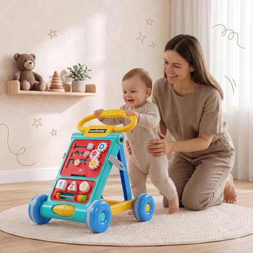 Image of Uonibaby Baby Push Walker, Musical Push Walker for 9 Months+, Toodler Walking Toy for 1 to 2 Years, Interactive Activity Panel with Gears, Shapes, Numbers & Beads, Sturdy Handle & Large Wheels