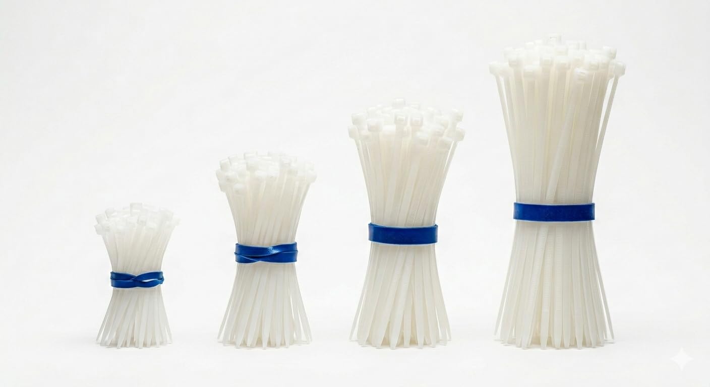 Heavy Duty Nylon Cable Ties, White, Multi-Size Combo Packs, Self Locking Zip Ties for Home, Office and Garden (100mm 150mm 200mm 250mm Combo) 50 Pieces Each, 200 Pieces Total-image-6