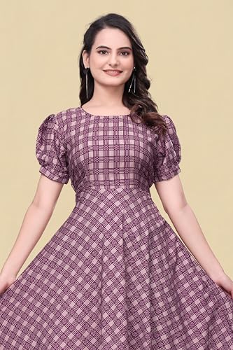 Image of Women's A-Line Crepe Maxi Dress | Stylish Fit and Flare Dress with Round Neck Short Puff Sleeves for Casual Wear