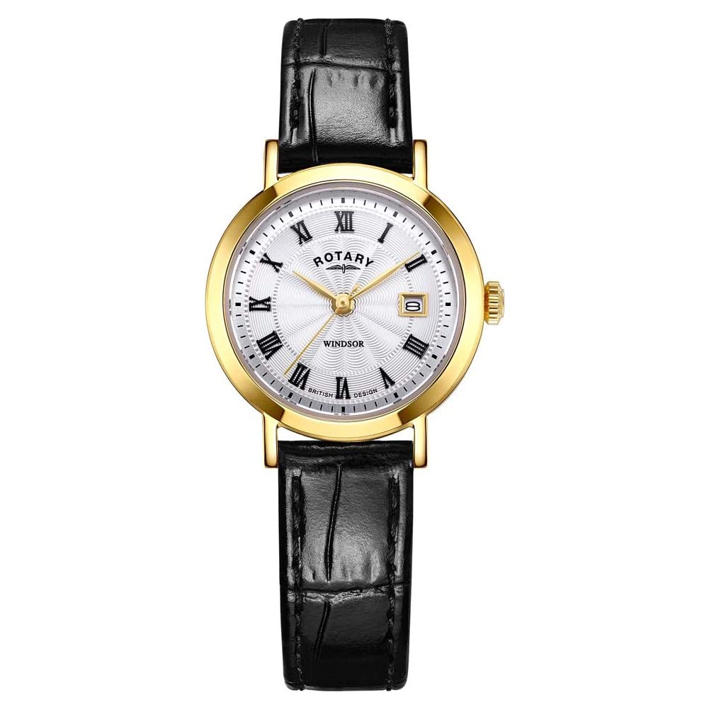 RotaryLadies Windsor Quartz Watch Analogue Display with Silver Sunray Dial  and Black Leather Strap LS05423/01