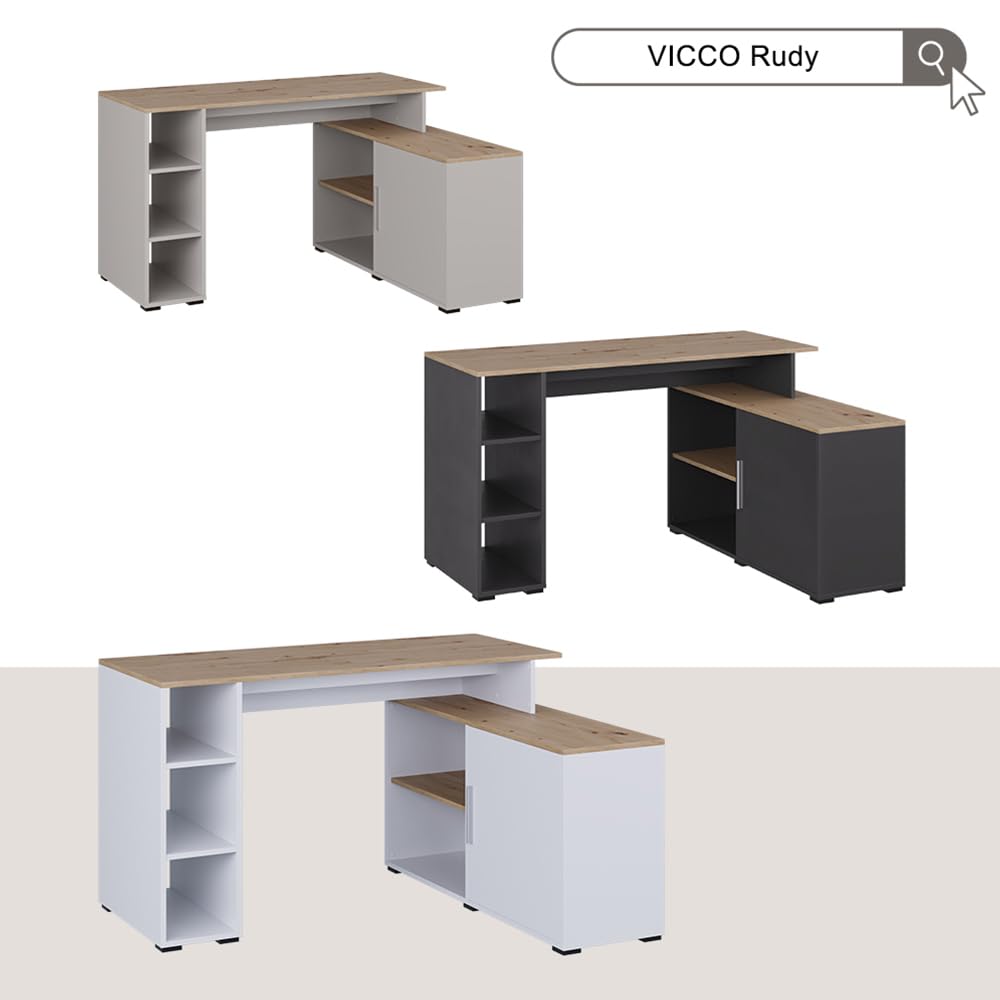 Vicco Biurko narożne "Rudy", Kaszmir, 135 x 110 cm | z półkami, pour une conception flexible de l’espace de travail et l’utilisation du rangement