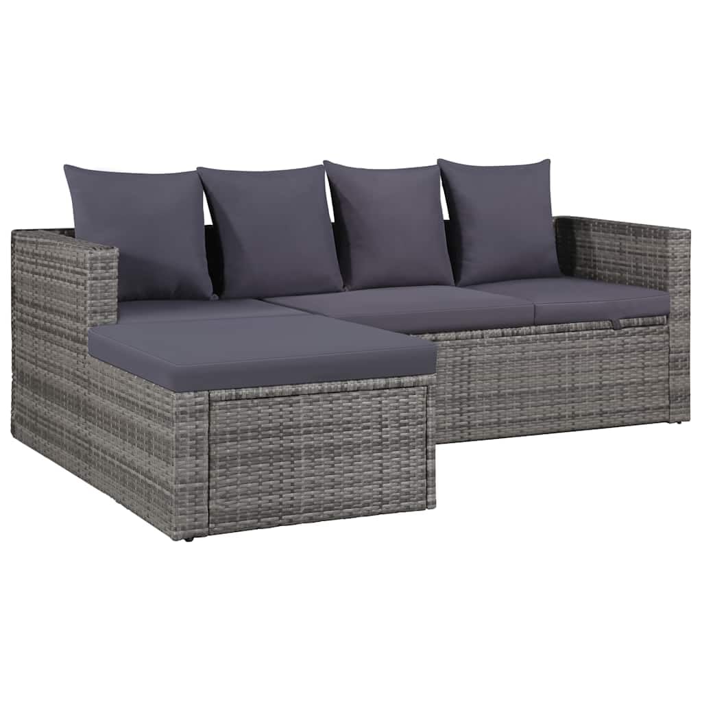 Fengshui Juego de 4 muebles de jardín con cojines de poliratán, color gris | Marco de acero con recubrimiento en polvo, ratán de polietileno resistente al agua, placa de cristal
