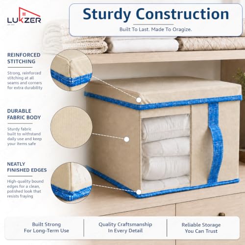 Image of Lukzer 4 PCs Wardrobe Organizer for Storage - 20L Non-Woven Foldable Cloth Organizer /Storage Box with Lid & Handle | Stackable Space-Saving Multipurpose Organizers for Home & Office Use - Beige /Blue