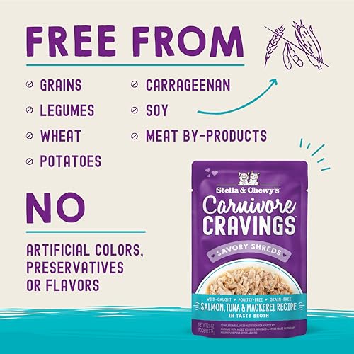 Stella & Chewy's Carnivore Cravings Wet Cat Food - Premium Pouches - Grain Free, High Protein Salmon, Tuna & Mackerel - Perfect For Picky Eaters - Complete Meal or Topper (2.8 oz, 24 Pack) - image 3