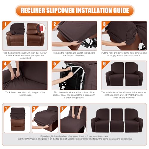 Image of VANSOFY Recliner Cover, 3-Pieces Stretch Reclining Couch Covers with Pockets Reclining Sofa Slipcovers 3 Seater Soft Washable Furniture Protector for Dogs Cats(Dark Coffee)